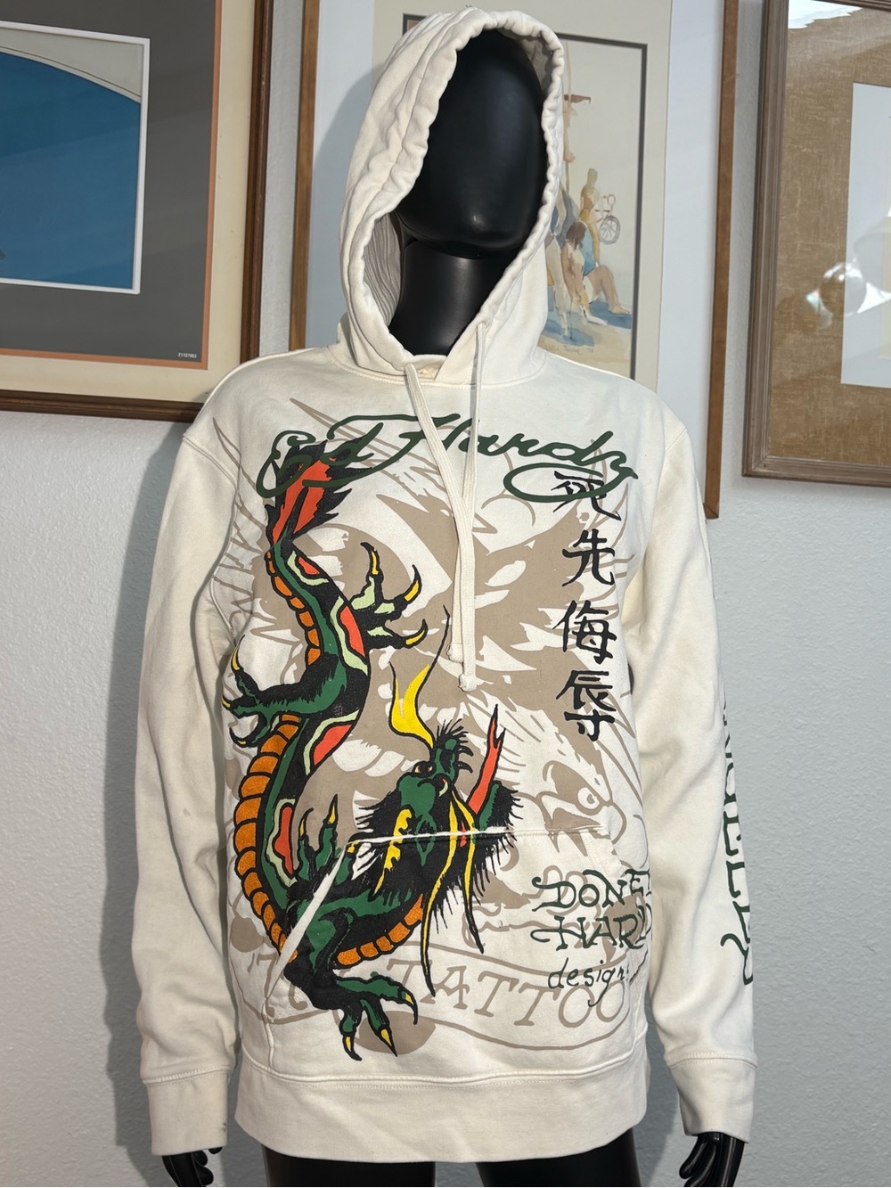 Vintage-style Ed Hardy Cream Japan Dragon Tattoo Hoodie.